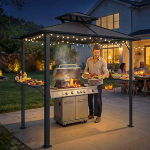 2.5 x 1.5 m Hardtop BBQ Grill Gazebo with Double Polycarbonate Roof, Aluminium Outdoor BBQ Gazebo Shelter Grill Canopy with 2 Side Shelves for Garden Patio, Brown