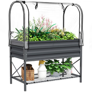 Outsunny Raised Garden Bed with Cover and Storage Shelf, Rectangular Metal Elevated Planter Box with Legs and Bed Liner for Vegetables, Flowers, Herbs, Dark Gray