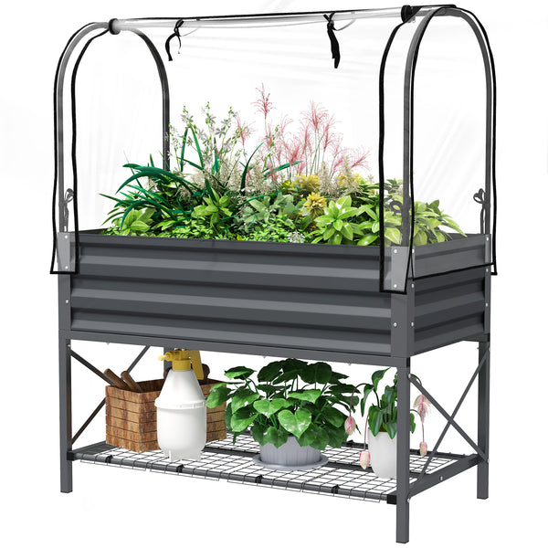 Outsunny Raised Garden Bed with Cover and Storage Shelf, Rectangular Metal Elevated Planter Box with Legs and Bed Liner for Vegetables, Flowers, Herbs, Dark Gray