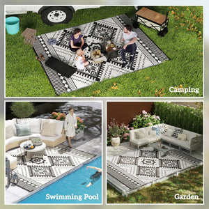 Outsunny Reversible Outdoor Rug, 9' x 12' Waterproof Plastic Straw Floor Mat, Portable RV Camping Carpet, Large Floor Mat for Backyard, Deck, Picnic, Beach, White & Black Toothed Rhombus