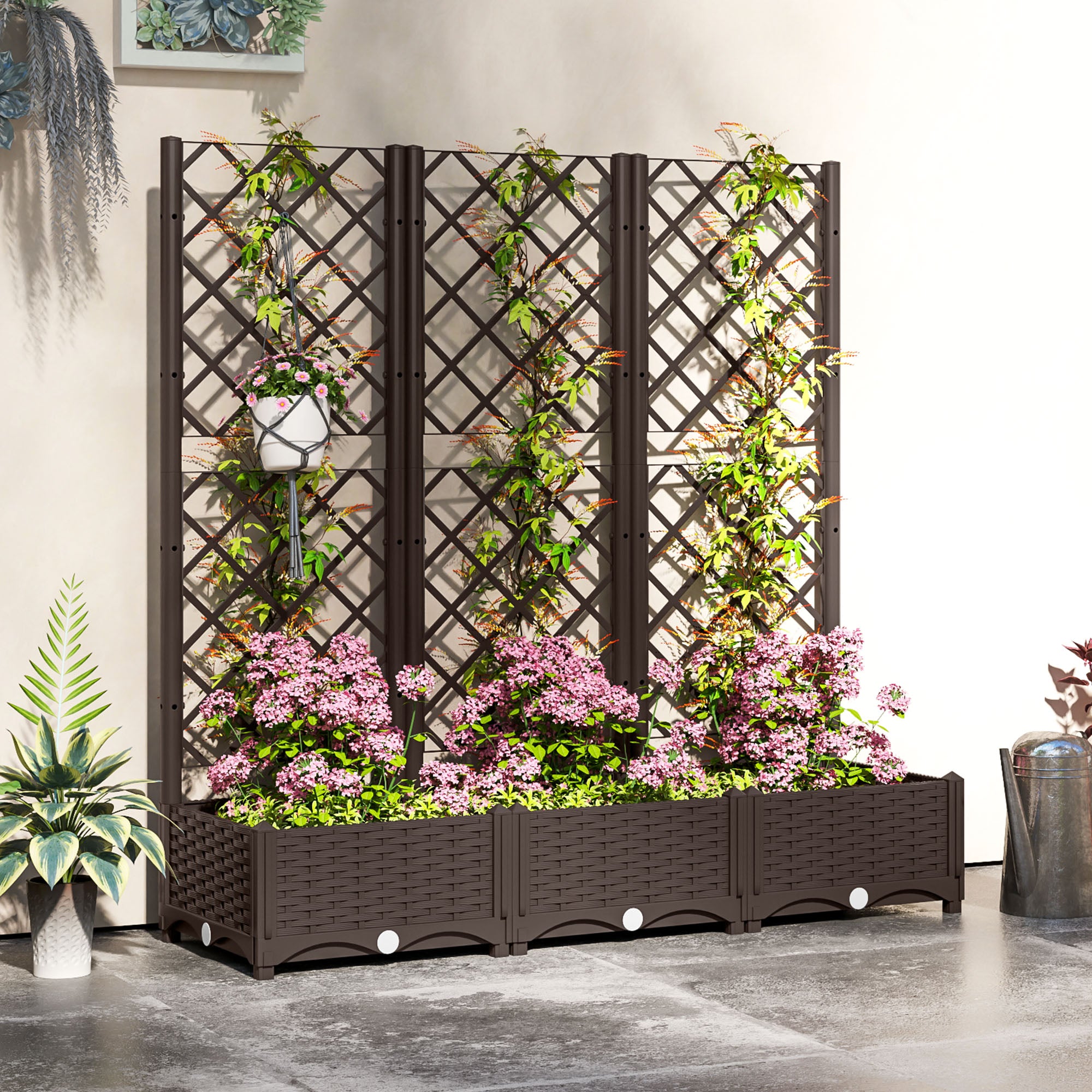 plastic elevated planter with trellis Outsunny 47" x 16" x 48" Plastic Raised Garden Bed with Trellis, Drainage Holes and Drain Plugs
