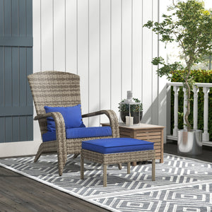 Outsunny Patio Wicker Adirondack Chair with Ottoman, Outdoor Fire Pit Chair with Cushions, High-Back, Large Seat & Armrests for Deck, Garden & Backyard, Dark Blue