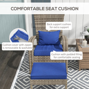 Outsunny Patio Wicker Adirondack Chair with Ottoman, Outdoor Fire Pit Chair with Cushions, High-Back, Large Seat & Armrests for Deck, Garden & Backyard, Dark Blue