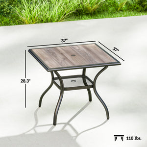 Outdoor Dining Table for 4 People, 37" Square Outdoor Patio Table with Umbrella Hole, Storage Shelf and Faux Wood Top, Metal Frame Outdoor Furniture for Garden, Backyard, Deck, Gray