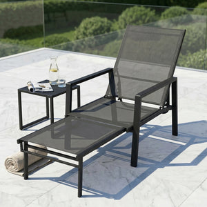 Sun Lounger with Retractable Footrest, 5-Position Adjustable Reclining Garden Lounger, Garden Chaise Lounge Sunbed Recliner Chair with Steel Frame for Beach, Porch, Patio, Camping, Black