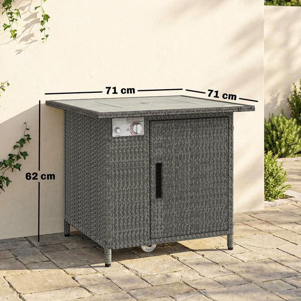Rattan Gas Fire Pit Table, 14.5 KW Square Smokeless Propane Gas Fire Pit with Rain Cover, Wind Guard, Lid, Spark Guard Mesh, Lava Rocks, Outdoor Garden Coffee Table with Heater, Dark Grey