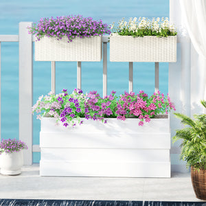 2 Pack Railing Planter Box, 20 Inch Hanging Flower Pots with Hooks and Drainage Hole, Rectangular Planters for Fence, Balcony, Garden, Patio, Rattan Look, White