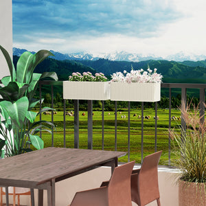 2 Pack Railing Planter Box, 20 Inch Hanging Flower Pots with Hooks and Drainage Hole, Rectangular Planters for Fence, Balcony, Garden, Patio, Rattan Look, White