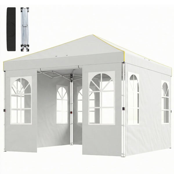 9.6 x 9.6 ft Pop Up Canopy Tent with Sidewalls, One Button Push Setup, UPF50+ Outdoor Portable Instant Canopy Shelter with Carry Bag, Sandbags, Adjustable Height for Parties Events, White