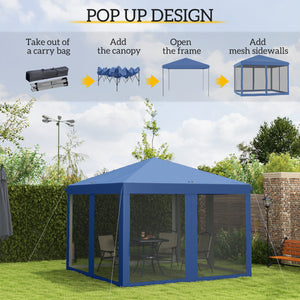 Outsunny 10' x 10' Pop Up Canopy Tent with Netting, Instant Gazebo, Screen House Room with Carry Bag, Height Adjustable, for Outdoor, Garden, Patio, Camping, Blue