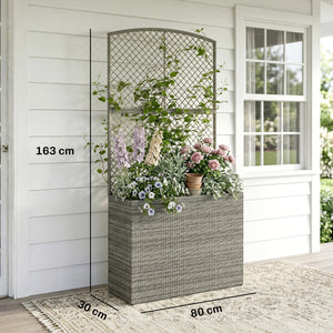 Garden Planter with Trellis, Rattan Raised Beds for Garden with Liner, Freestanding Outdoor Planter Box for Climbing Plants, Herbs, Vegetables, Flowers, 80 x 30 x 163 cm, Dark Grey