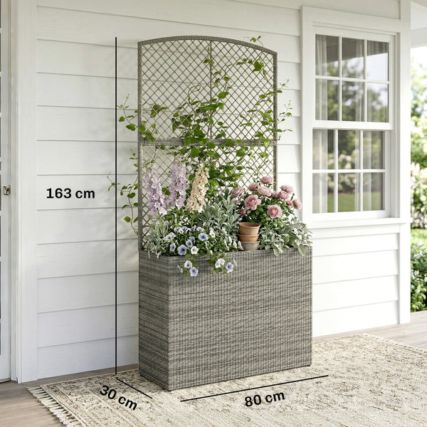 Garden Planter with Trellis, Rattan Raised Beds for Garden with Liner, Freestanding Outdoor Planter Box for Climbing Plants, Herbs, Vegetables, Flowers, 80 x 30 x 163 cm, Dark Grey