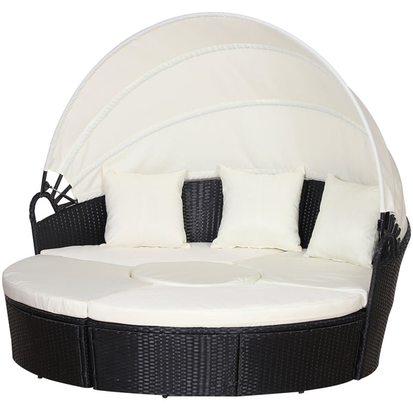 Outdoor PE Rattan Garden Furniture with Cushioned, Patio Wicker Conversation Furniture Set, Round Daybed with Retractable Canopy, Coffee Table and Three Pillows, Black/Beige