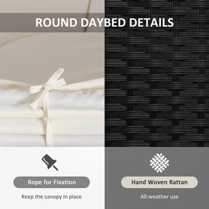 Outdoor PE Rattan Garden Furniture with Cushioned, Patio Wicker Conversation Furniture Set, Round Daybed with Retractable Canopy, Coffee Table and Three Pillows, Black/Beige