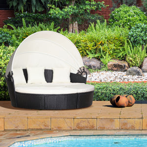 Outdoor PE Rattan Garden Furniture with Cushioned, Patio Wicker Conversation Furniture Set, Round Daybed with Retractable Canopy, Coffee Table and Three Pillows, Black/Beige