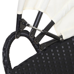 Outdoor PE Rattan Garden Furniture with Cushioned, Patio Wicker Conversation Furniture Set, Round Daybed with Retractable Canopy, Coffee Table and Three Pillows, Black/Beige