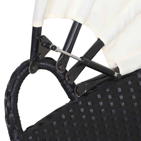 Outdoor PE Rattan Garden Furniture with Cushioned, Patio Wicker Conversation Furniture Set, Round Daybed with Retractable Canopy, Coffee Table and Three Pillows, Black/Beige