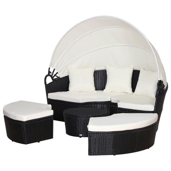 Outdoor PE Rattan Garden Furniture with Cushioned, Patio Wicker Conversation Furniture Set, Round Daybed with Retractable Canopy, Coffee Table and Three Pillows, Black/Beige
