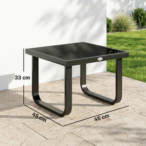 Metal Garden Coffee Table, Outdoor Rectangle Side Table with Tempered Glass Tabletop and Adjustable Foot Pads for Terrace, Balcony, Patio, 45 x 45 x 33 cm, Black