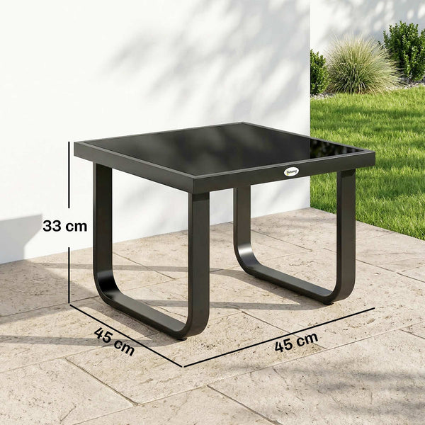Metal Garden Coffee Table, Outdoor Rectangle Side Table with Tempered Glass Tabletop and Adjustable Foot Pads for Terrace, Balcony, Patio, 45 x 45 x 33 cm, Black