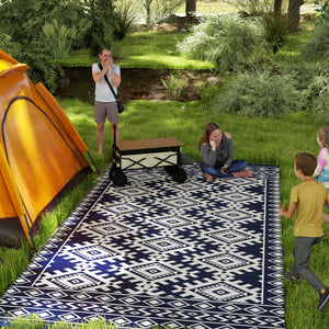 Outsunny Reversible Outdoor Rug, 9' x 18' Waterproof Plastic Straw Floor Mat, Portable RV Camping Carpet, Large Floor Mat for Backyard, Deck, Picnic, Beach, Blue & White Rhombus Border