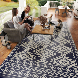 Outsunny Reversible Outdoor Rug, 9' x 18' Waterproof Plastic Straw Floor Mat, Portable RV Camping Carpet, Large Floor Mat for Backyard, Deck, Picnic, Beach, Blue & White Rhombus Border