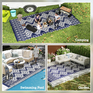 Outsunny Reversible Outdoor Rug, 9' x 18' Waterproof Plastic Straw Floor Mat, Portable RV Camping Carpet, Large Floor Mat for Backyard, Deck, Picnic, Beach, Blue & White Rhombus Border