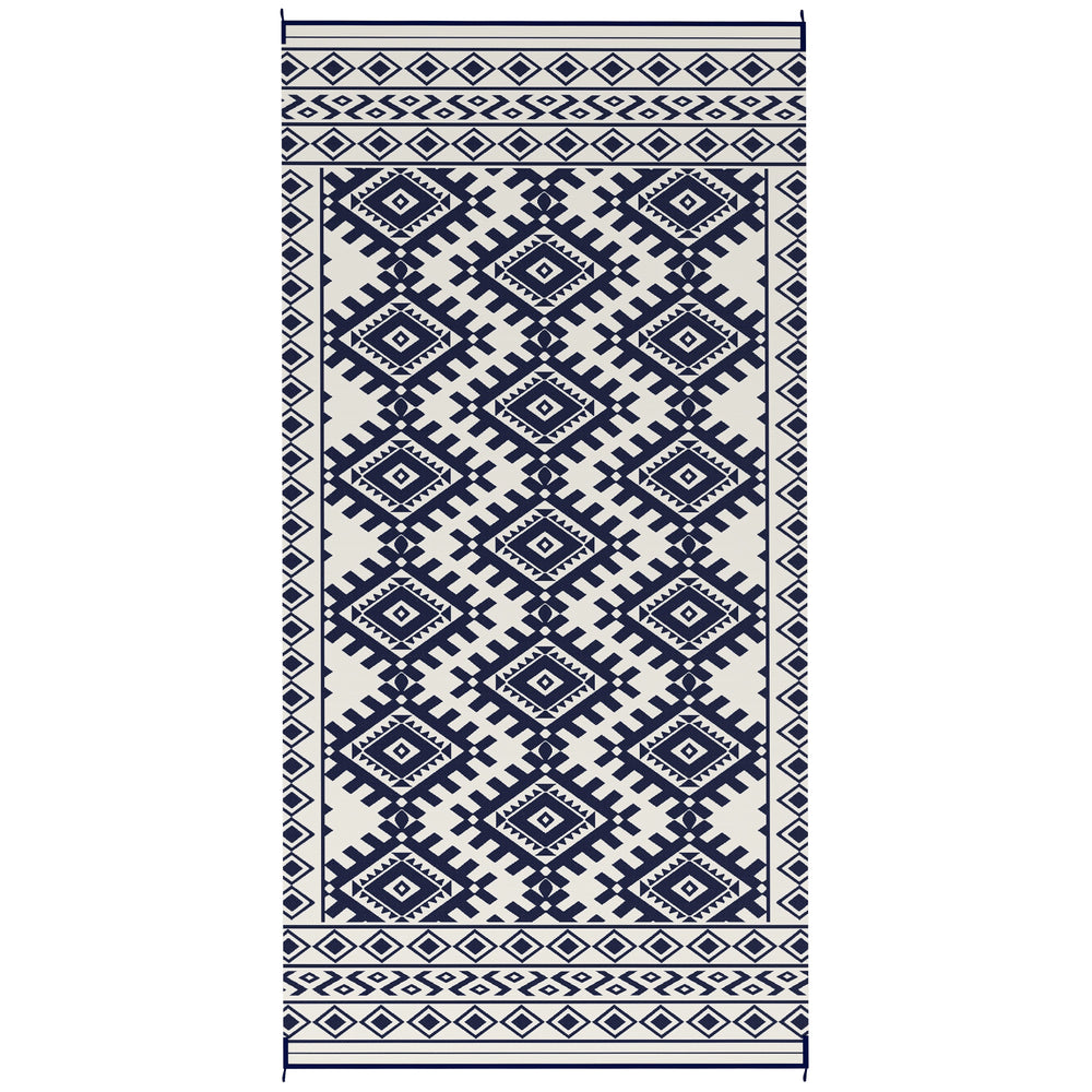 Outsunny Reversible Outdoor Rug, 9' x 18' Waterproof Plastic Straw Floor Mat, Portable RV Camping Carpet, Large Floor Mat for Backyard, Deck, Picnic, Beach, Blue & White Rhombus Border