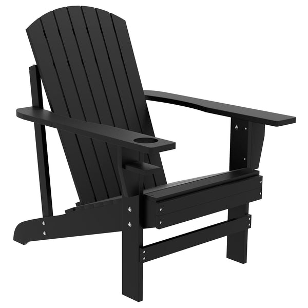 Outsunny Wooden Adirondack Chair, Outdoor Patio Lawn Chair with Cup Holder, Weather Resistant Lawn Furniture, Classic Lounge for Deck, Garden, Backyard, Fire Pit, Black