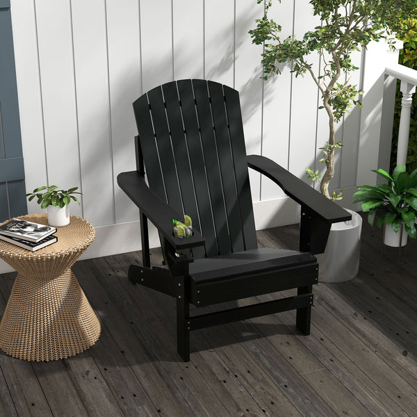 Outsunny Wooden Adirondack Chair, Outdoor Patio Lawn Chair with Cup Holder, Weather Resistant Lawn Furniture, Classic Lounge for Deck, Garden, Backyard, Fire Pit, Black