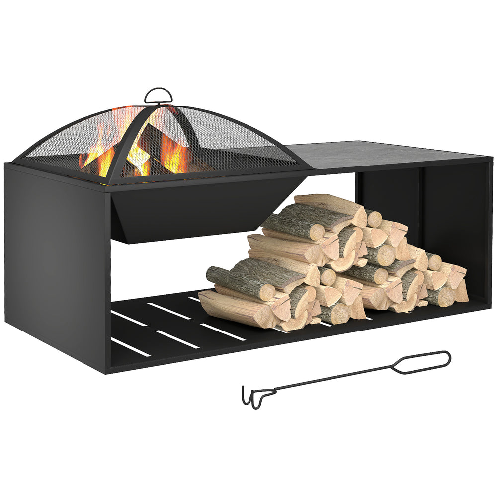 Fire Pit Coffee Table with Ceramic Tile Top and Storage Shelf, Wood-burning Firepit with Spark Screen and Poker, Black