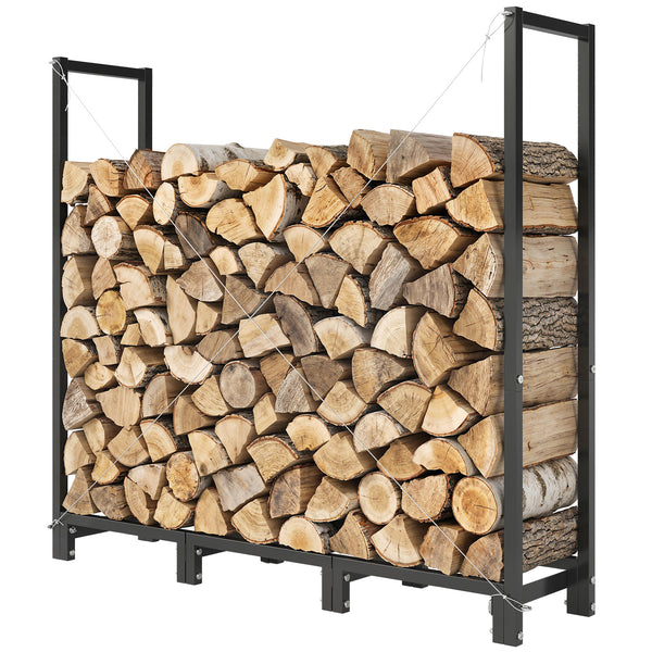 4 ft Firewood Rack with Customisable Width & Height, Cable Reinforcement, 616 lb Capacity Heavy Duty Galvanized Steel Log Store Indoors, Log Storage Holder, Black