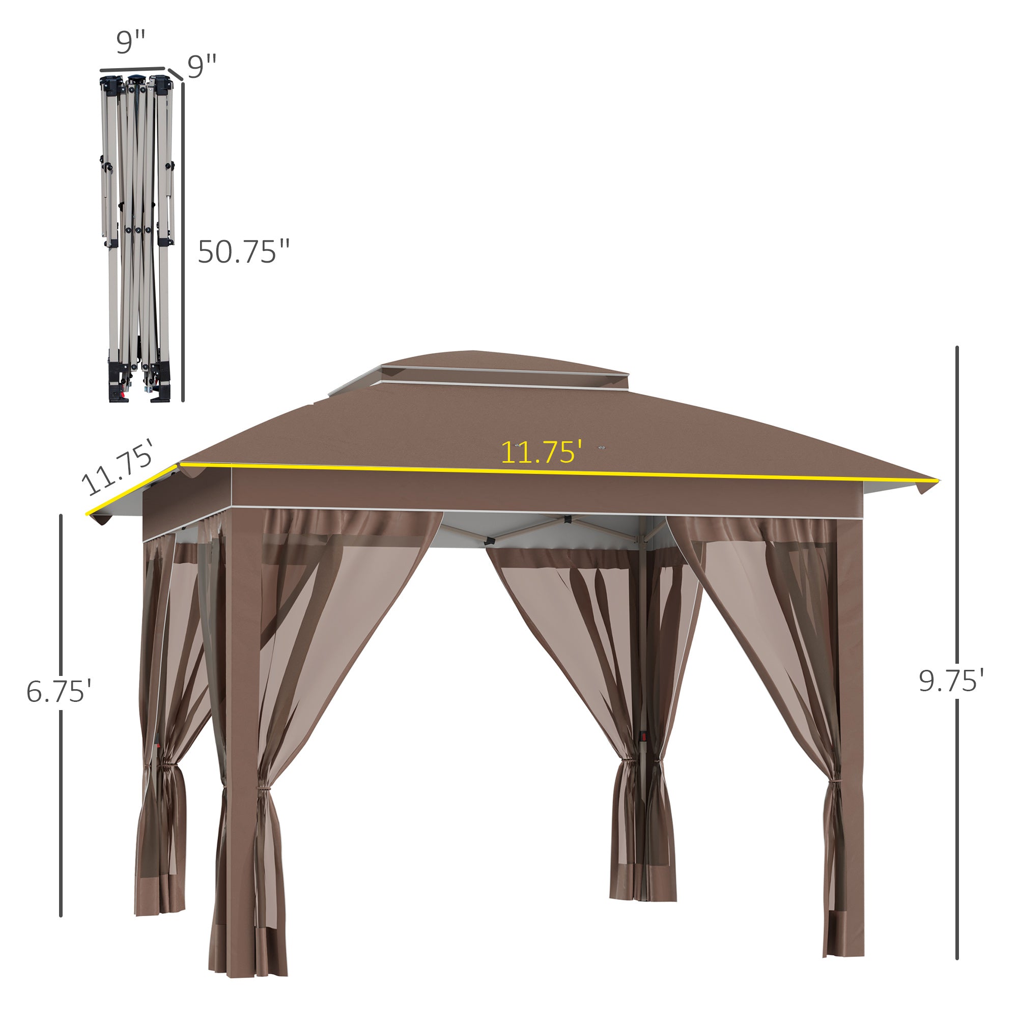 canopy tent dimensions Outsunny 12' x 12' Pop Up Canopy Sun Shade Instant Tent Folding with Mesh Sidewall Netting, 3-Level Adjustable Height and Storage Bag, Khaki