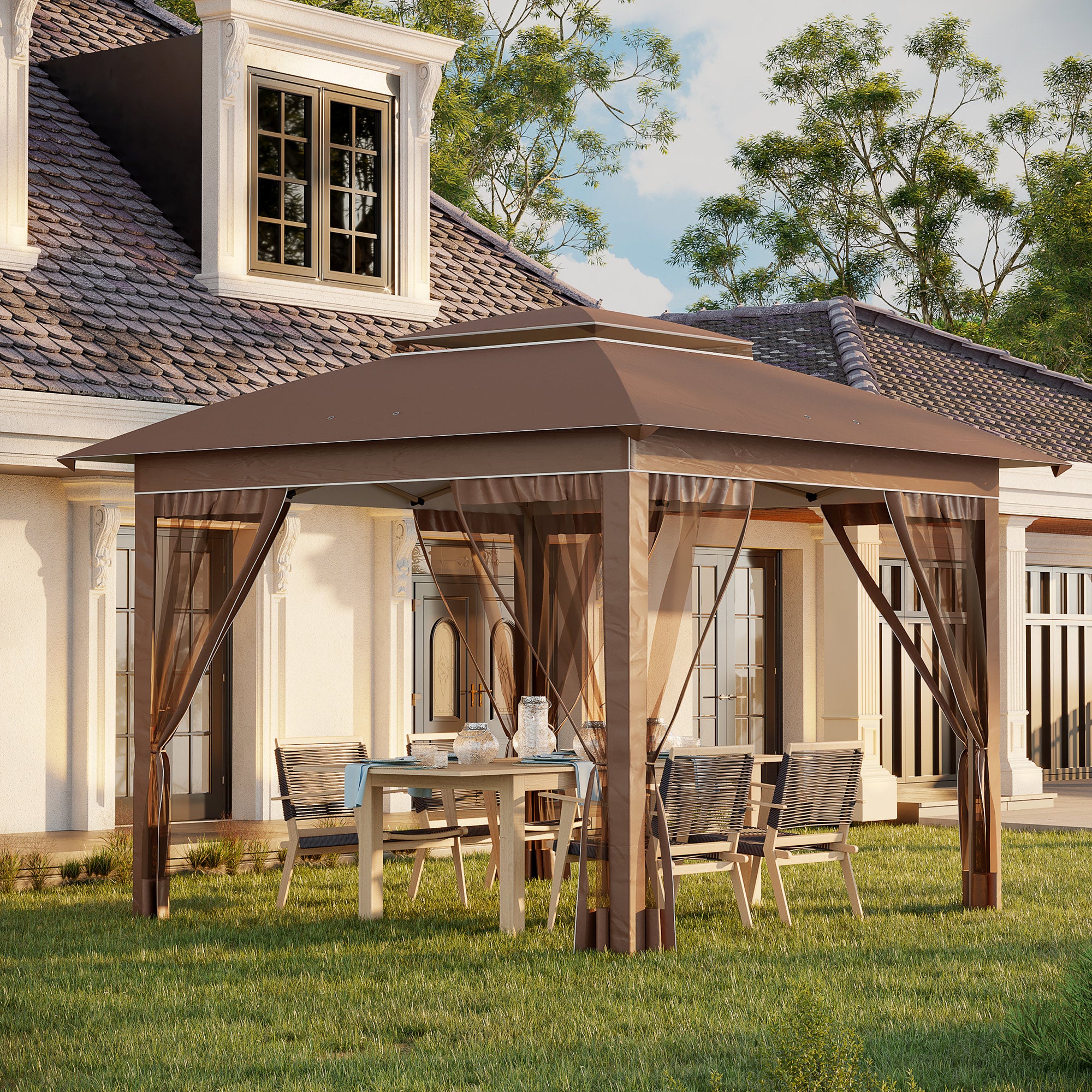 canopy shade tent Outsunny 12' x 12' Pop Up Canopy Sun Shade Instant Tent Folding with Mesh Sidewall Netting, 3-Level Adjustable Height and Storage Bag, Khaki