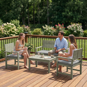 4 Seater Wooden Garden Furniture Set with Loveseat, 2 Armchairs, Wood-Top Table, Acacia Wood Garden Sofa Set with Cushions, Outdoor Furniture Conversation Sets, Light Grey