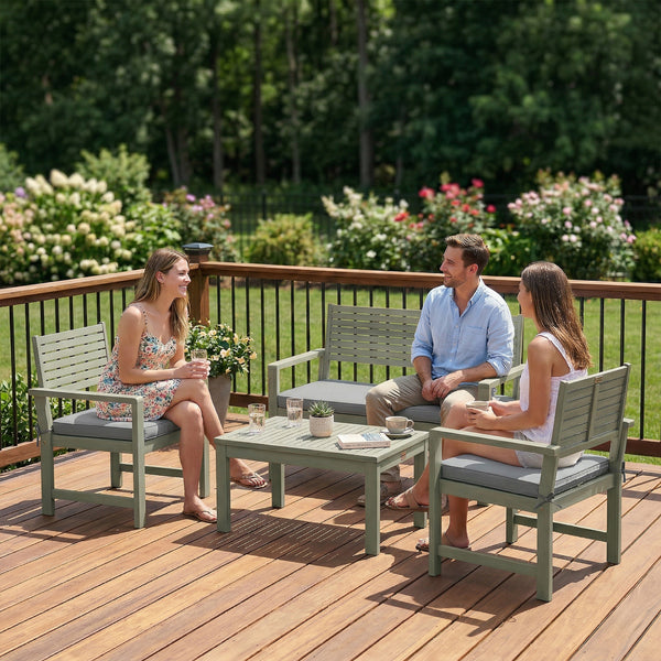 4 Seater Wooden Garden Furniture Set with Loveseat, 2 Armchairs, Wood-Top Table, Acacia Wood Garden Sofa Set with Cushions, Outdoor Furniture Conversation Sets, Light Grey