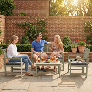4 Seater Wooden Garden Furniture Set with Loveseat, 2 Armchairs, Wood-Top Table, Acacia Wood Garden Sofa Set with Cushions, Outdoor Furniture Conversation Sets, Light Grey