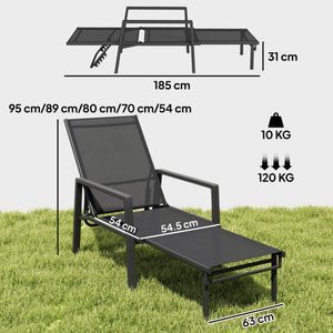 Sun Lounger with Retractable Footrest, 5-Position Adjustable Reclining Garden Lounger, Garden Chaise Lounge Sunbed Recliner Chair with Steel Frame for Beach, Porch, Patio, Camping, Black