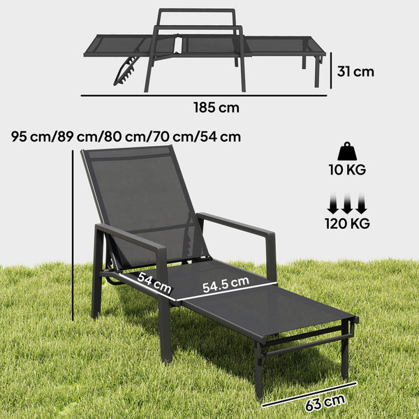 Sun Lounger with Retractable Footrest, 5-Position Adjustable Reclining Garden Lounger, Garden Chaise Lounge Sunbed Recliner Chair with Steel Frame for Beach, Porch, Patio, Camping, Black