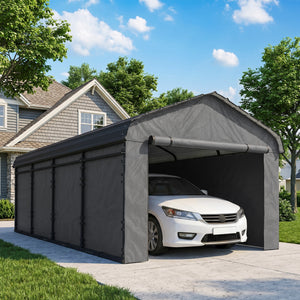 12' x 20' Heavy Duty Metal Carport, Waterproof Garage Car Canopy Shelter with Galvanized Metal Roof and Removable Sidewalls for Cars, Boats, Tractors, Dark Gray