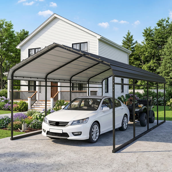 12' x 20' Heavy Duty Metal Carport, Waterproof Garage Car Canopy Shelter with Galvanized Metal Roof and Removable Sidewalls for Cars, Boats, Tractors, Dark Gray