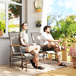 2 Person Outdoor Glider Bench, Patio Swing Glider Chair Loveseat with Breathable Mesh, Table, Steel Frame for Garden, Backyard, Porch, Light Mixed Brown