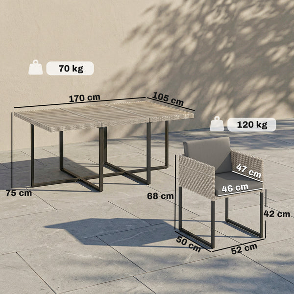 7 Piece Rattan Garden Furniture Set, Garden Dining Set with Wood-Plastic Table and 6 Stackable Chairs, Rattan Table and Chairs with 12 Cushions for Patio Terrace, Light Grey