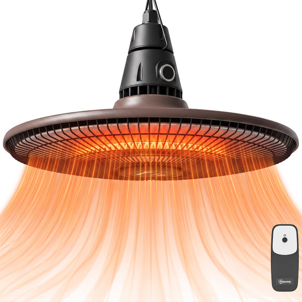 1500W Electric Patio Heater, IP65 Hanging Infrared Outdoor Heater with Carbon Fiber Tube, LED Screen, Remote Control for Garage, Patios, Gazebo, Balcony, Brown