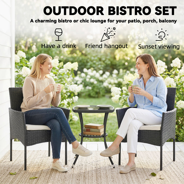 3 Piece Rattan Bistro Set, PE Wicker Garden Furniture Conversation Set, 2 Tier Glass-Top Bistro Table and Chairs for 2 with Cushions for Patio, Balcony, Porch, Cream White