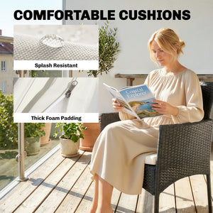 3 Piece Rattan Bistro Set, PE Wicker Garden Furniture Conversation Set, 2 Tier Glass-Top Bistro Table and Chairs for 2 with Cushions for Patio, Balcony, Porch, Cream White