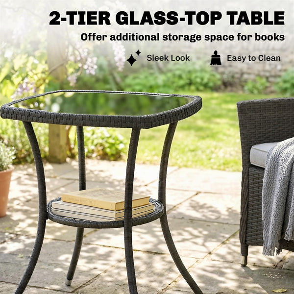 3 Piece Rattan Bistro Set, PE Wicker Garden Furniture Conversation Set, 2 Tier Glass-Top Bistro Table and Chairs for 2 with Cushions for Patio, Balcony, Porch, Cream White