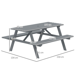 6 Seater Wooden Picnic Table Bench for Outdoor Garden or Patio with Parasol Cutout 150 cm Grey
