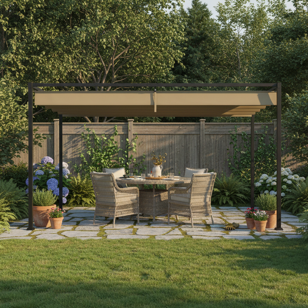 3 x 2m Aluminium Garden Pergola with Retractable Roof & Grommet Holes for Patio, Lawn, Khaki