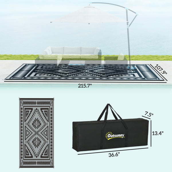 Outsunny Reversible Outdoor Rug, 9' x 18' Waterproof Plastic Straw Floor Mat, Portable RV Camping Carpet, Large Floor Mat for Backyard, Deck, Picnic, Beach, Black & Gray Square Patchwork